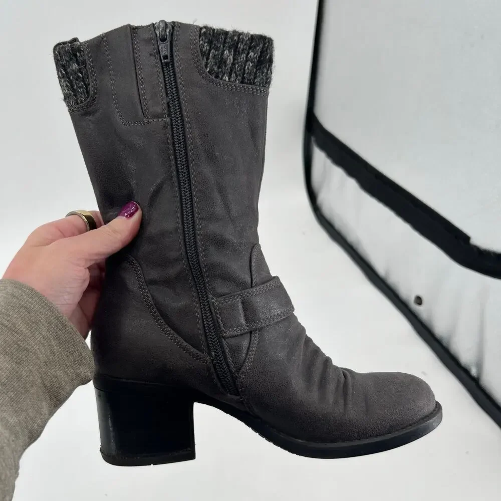 Baretraps Wylla mid-calf black sweater cuff block heel boots zip close size 5.5